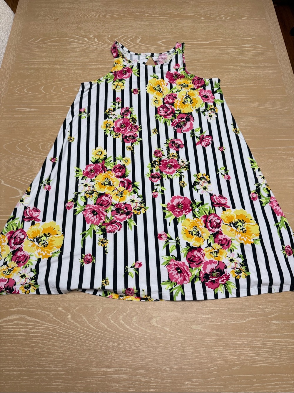 Bobbie Brooks Black & White Stripe Midi Dress with Pink and Yellow Floral Print